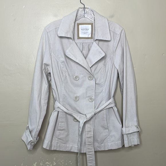 SONOMA Pea Coat Mini Trench Jacket Tan & White Double Breasted Matching Belt Lg - Picture 13 of 13